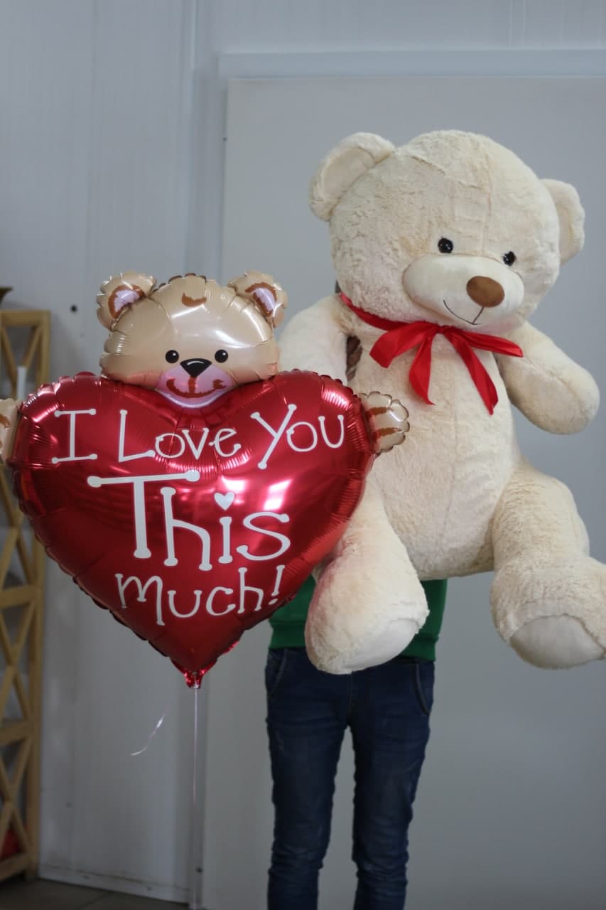 Set: Spielzeug TeddyBär (1 Meter) + Folienballon Herz mit Bär