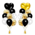 Set: "2 Ballon-Fontänen": Folienherzen 2 Stk. (Gold und Schwarz), Konfetti gold 6 Stk., Latexballons schwarz und weiß 10 Stk., 2 Ballongewichte