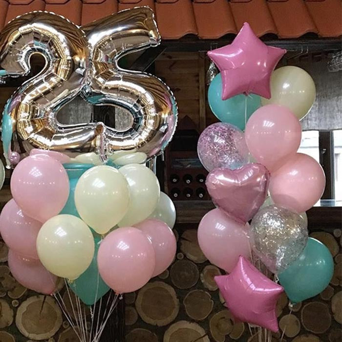 Folienballon Set Zahlen Silber (1 Meter) 2 Stk., 21 klassische Ballons Türkis, Weiß und Rosa, 2 Konfetti-Ballons, 3 Foliensterne Rosa mit Hi-Float