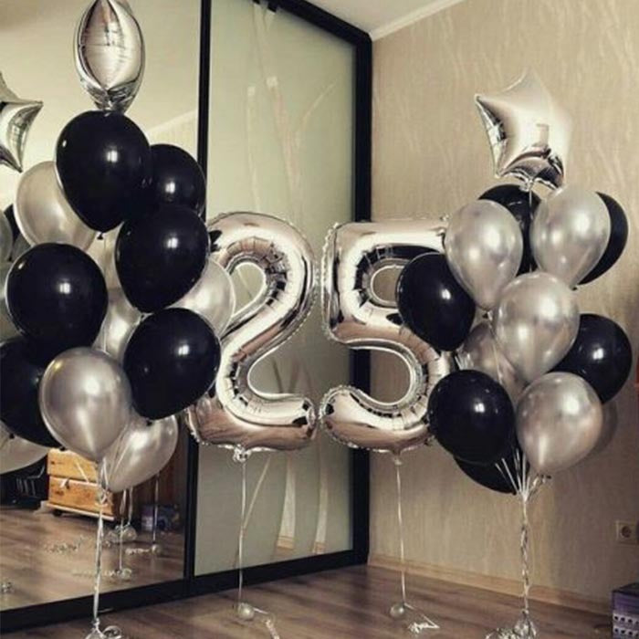 Folienballon Set Zahlen Silber (1 Meter) 2 Stk., klassische Ballons Schwarz und Grau 24 Stk., Foliensterne Silber 2 Stk. Hi-float