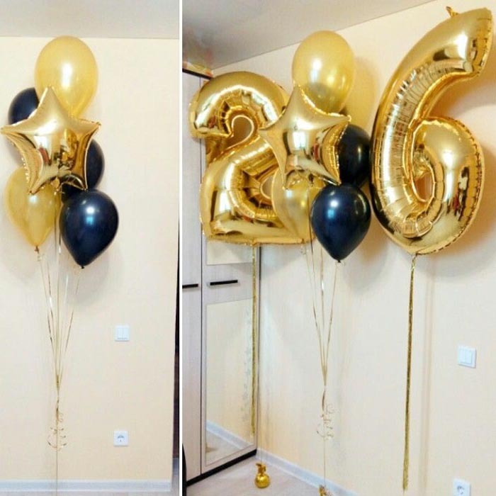 Set: 2 goldene Foliensterne, zwei 100 cm Zahlenballons und 10 Latexballons (Schwarz und Gold)