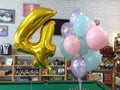 Set: 1 goldene Zahl (100 cm) und 10 Latexballons (Türkis, Rosa und Violett)